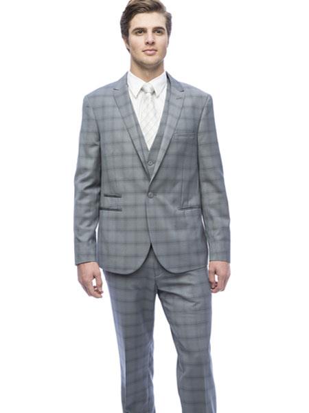 West End Men's Plaid Young Look Slim Fit Single Breasted Grey Peak Lapel Vested Suit