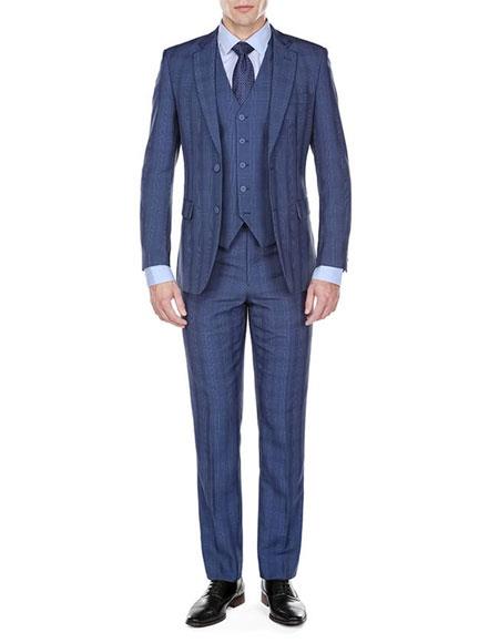 Men's Indigo ~ Bright Blue Plaid Checkered Check Pattern Suit 2 Button Modern-Fit Suits