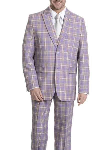 Falcone clothing line Peak Collared Plaid Single Breasted 3 Piece Lavender Suit