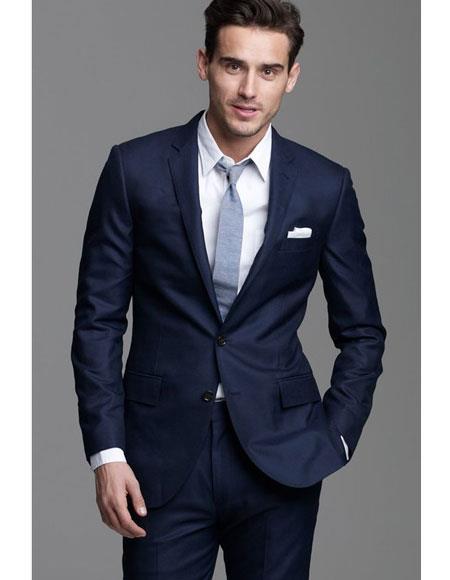 Single Breasted 2 Button Notch Lapel Navy Suit Grey Tie