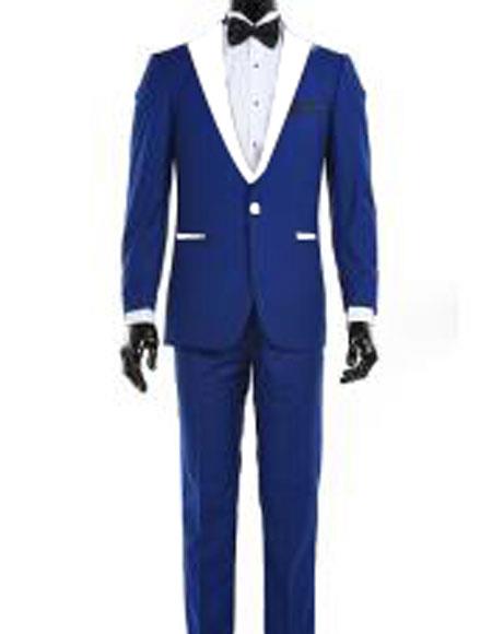 One Button Royal Blue and White Lapel Vested 3 Pieces Suit