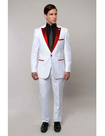  Red Lapel  Slim Tux Regular Fit White Suit 