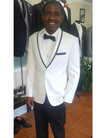   Trimmed Shawl Lapel All White Prom ~ Wedding Groomsmen Tuxedo Suit
