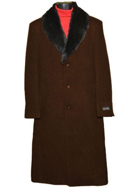  Long men's Dress Topcoat -  Winter coat 4XL 5XL 6XL Dark Brown Fur Collar Big and Tall Large Man ~ Plus Size Three Button Closure Overcoat