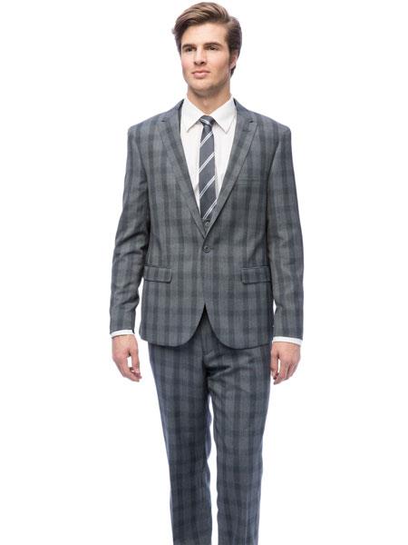 West End Slim Fit Men's Young Look Plaid Three Button Closure Vested Grey Suit