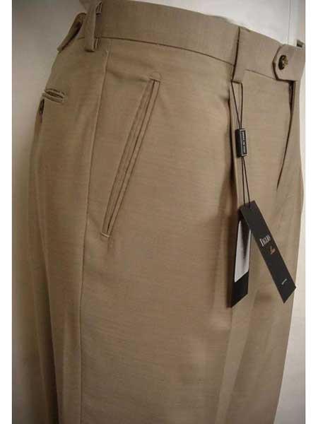 Men's Tiglio Luxe Beige Single Pleat Wool Italian Solid Flat Front Dress Pant