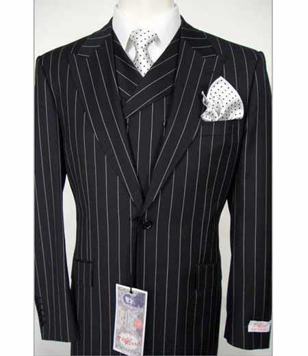 Tiglio Rosso Men's Italian 3 Piece Black Wool Striped Peak Lapel Vested Suit
