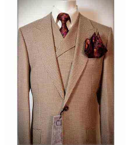 Tiglio Rosso Men's 3 Piece Italian Houndstooth Peak Lapel Vested Wool Brown Suit