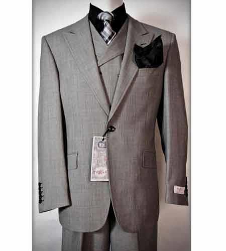 Tiglio Rosso Men's Grey 3 Piece Birdseye Italian Peak Lapel Vested Wool Suit