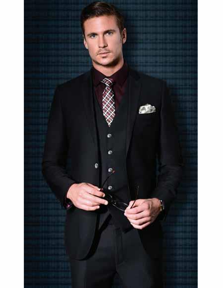 Tiglio Single Breasted Slim Fit Notch Lapel 2 Button Black Wool Vested Suit