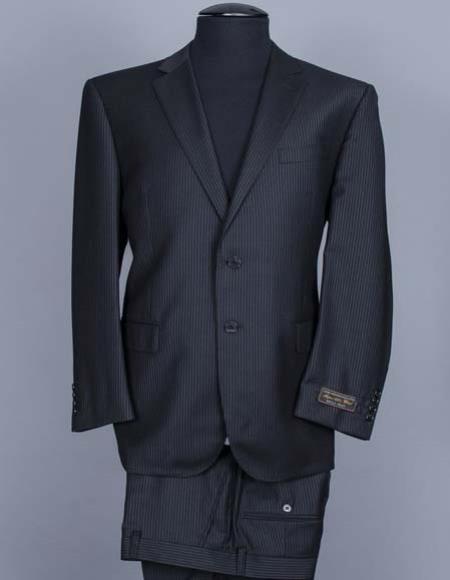 Tiglio Black Italian 2 Button 1 Wool Notch Lapel Side Vent Stripe Tone-On-Tone Suit