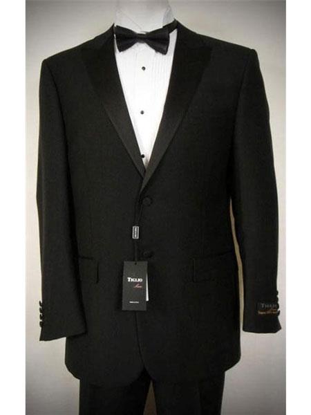 Men's Tiglio Luxe Italian Two Button Satin Peak Lapel Black Wool Tuxedo