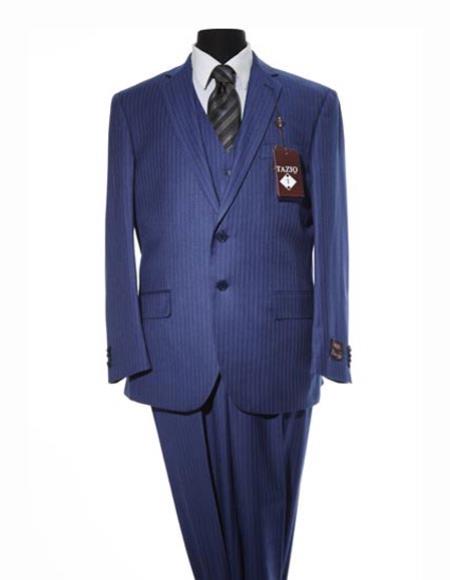 2Button Pinstripe Design Notch Lapel Navy Blue Suit With Matching Vest