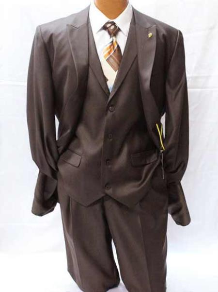 Falcone Pett 2 Button Polyester Peak Lapel Brown Classic Fit Solid Vested Suit