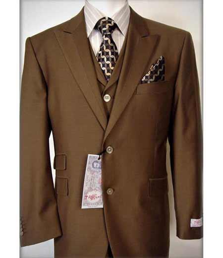 Tiglio Rosso Men's Two Button Solid Italian Peak Lapel Tabacco Fashion Vested Suit