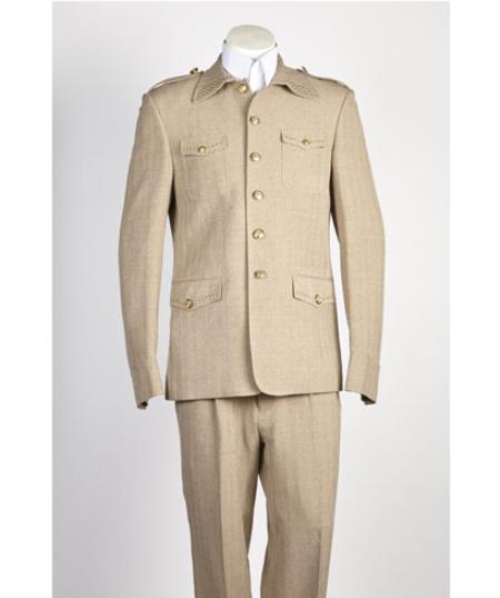  men's 5 Button 2 Piece Safari Military Style Taupe Online Indian Wedding Outfits ~ Mandarin ~ Nehru Collar Jacket Collarless Style Suit 