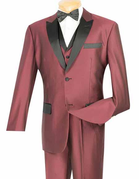 Vinci Two Button Shiny Wine Peak Collar 3 Piece Tuxedo Entertainer Suit