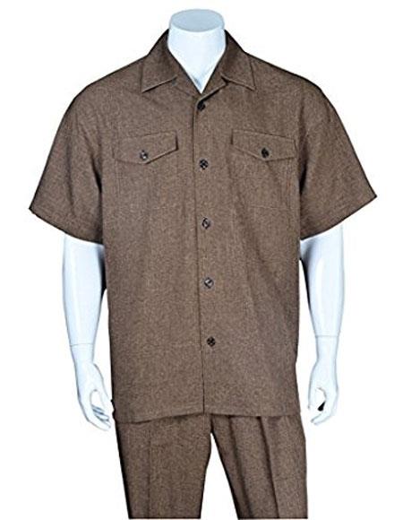  Brown Two Pieces Walking Suits With Casual Short Sleeve And Matching Pleated Pants- Casual Suits For Men - Mens Leisure Suit