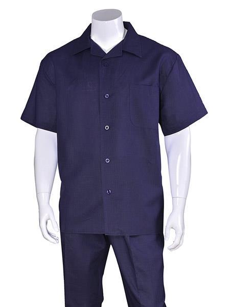 1 Linen Plain Navy Short Sleeve Casual Walking Suit With Pleated Pant