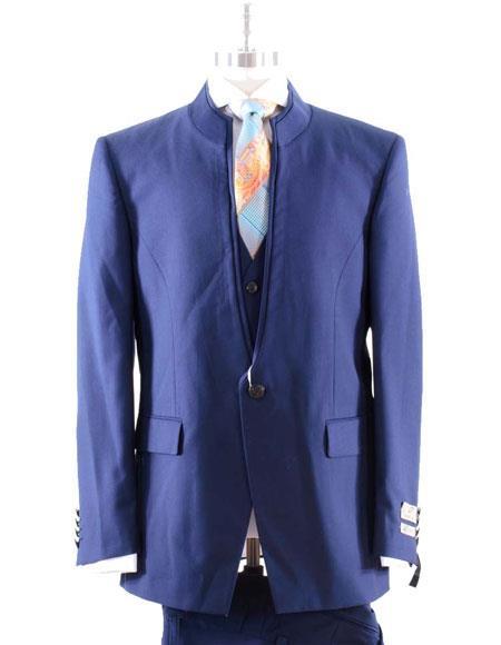 1 Wool Blue Mandarin Collar High Fashion Suit With Single Pleated Pant