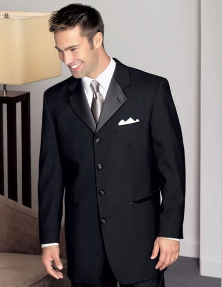 1 Wool Black Tuxedo Four Buttons Style Notch Lapel With Pleated Pants