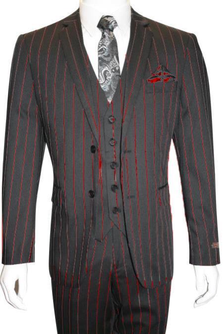 Male Black and Red Pinstripe Chalk Custom Looking Pimp Mobster 1930 Two buttons Vested 3 Pieces