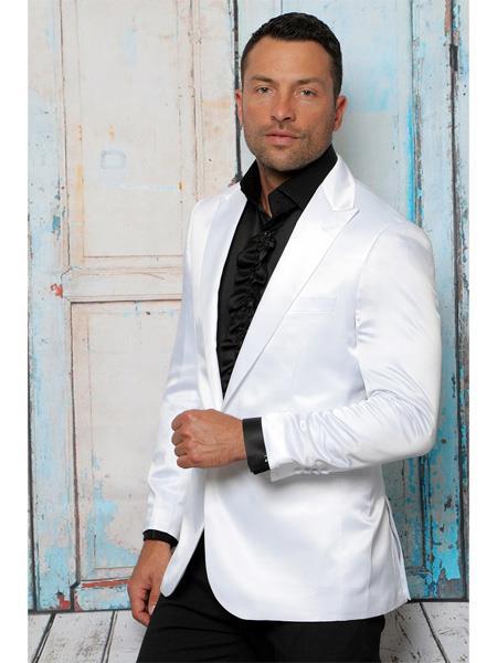  White Solid Blazer ~ Suit Jacket ~ Sport Coat Shiny Flashy Affordable Cheap Priced Unique Fancy For Men Available Big Sizes on sale Satin Available In
