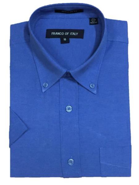  Short Sleeve Button Down Cotton Blend Oxford Blue Shirts