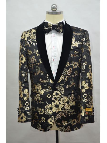  Shawl Lapel Black-Gold ~ Affordable Cheap Priced Unique Fancy For Men Available Big Sizes on sale Floral Pattern One Button Blazer Pre Order September / 20 /2020