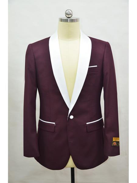  Men's Burgundy-White  Flap Two Pockets One Button Affordable Cheap Priced Unique Fancy For Men Available Big Sizes on sale Shawl Lapel Blazer ~ Suit Jacket