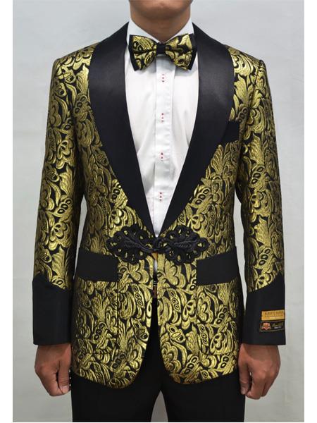  Dinner Smoking Jacket Blazer Sport Jacket Paisley ~ Floral ~ Affordable Cheap Priced Unique Fancy For Men Available Big Sizes on sale Fashion Prom Pattern Black and Gold ~ Black Tuxedo
