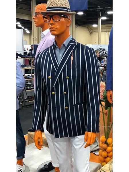  Five Button Double Breasted Striped Pattern Navy Blue Blazer