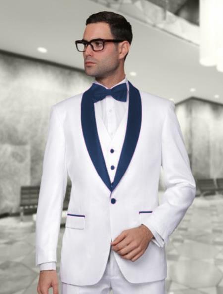 Men's White And Navy Blue Vested Shawl Lapel Tuxedo Wedding / Prom Outfit Fashion Two Toned Suit Jacket & Vest & Pants