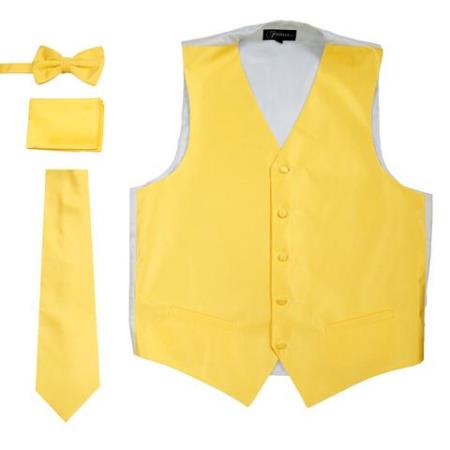  men's Hankie Yellow 4PC Big And Tall Vest ~ Waistcoat ~ Waist coat & Tie & Bow Tie And V Neck