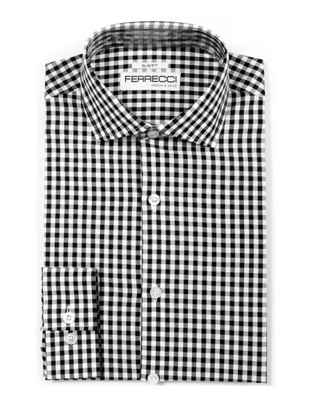  Dark Charcoal Slim Fit Cotton Black Spread Gingham Shirt - Checker Pattern - French Cuff 