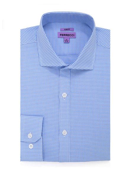  100% Cotton Fit Dress Gingham Shirt - Checker Pattern - French Cuff - White Collared + Free Bowtie Cotton Button Closure Blue
