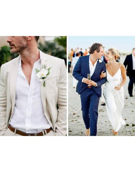 Rey & Aires Mens Navy Blue Casual 2 Piece Suits Slim Fit Beach Wedding Tuxedos with White Pants 