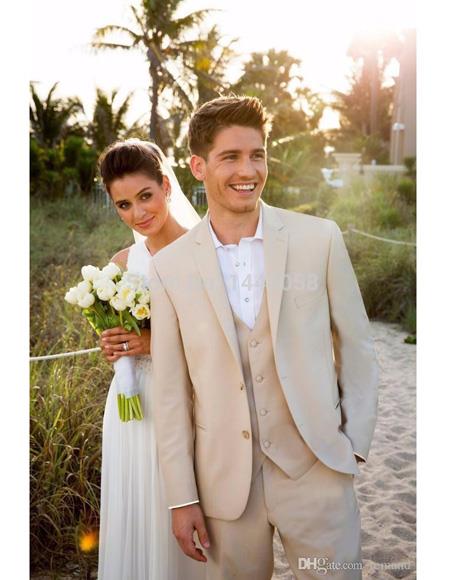  men's Beach One Beige Chest Pocket Wedding Attire Menswear Suit               