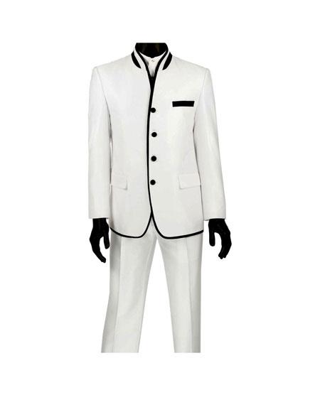  men's Banded Collar  Slim Fit Four Button White Suit