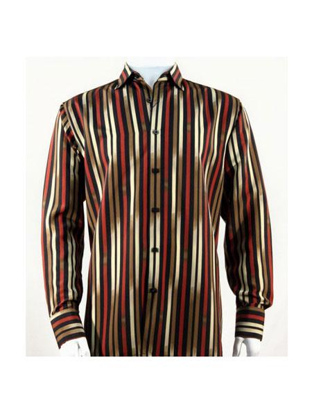 Mens Red ~ Gold Pattern Stripe Long Sleeve Full Cut Shirt