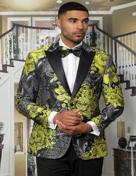  men's Paisley Yellow ~ Black and Gold And Black Floral Tuxedo Jacket