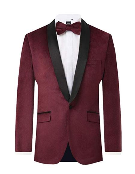  men's Burgundy Velvet 2 Piece Regular Fit Contrast Shawl Lapel Tuxedo 
