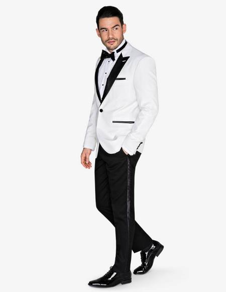 Mens Black Lapel White Prom - Wedding - Groom Tuxedo