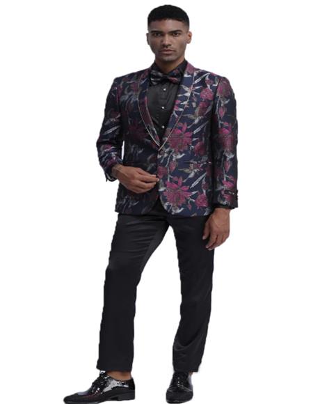  Fashion Blazer Slim Fit Tuxedo Dinner Jacket Paisley ~ Floral Pattern Perfect for Prom & Wedding & Stage Navy Blue