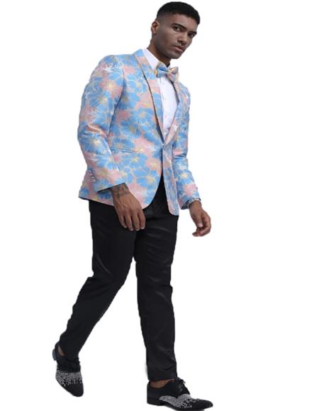  Slim Fit Tuxedo 2020 Dinner Jacket Paisley ~ Floral Pattern Fashion Blazer Perfect for Prom & Wedding & Stage Blue & Pink