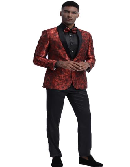  Fashion Blazer Perfect for Prom & Wedding & Stage Red Dinner Jacket Paisley ~ Floral Pattern Slim Fit Tuxedo 