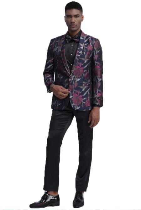  Paisley Wedding Tuxedo Prom Outfit Slim Fit Prom (Jacket & Pants) Fashion + Blue and Pink + Matching bow tie  ~ Floral Pattern Suit