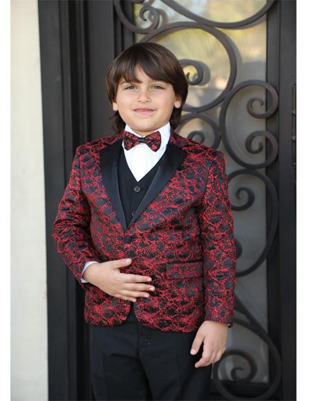  men's Red Textured Pattern Jacket and Pants And Vest