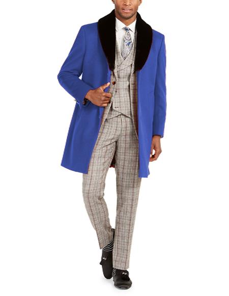  Men's Faux-fur shawl collar Overcoat Three Quarter Length Coat