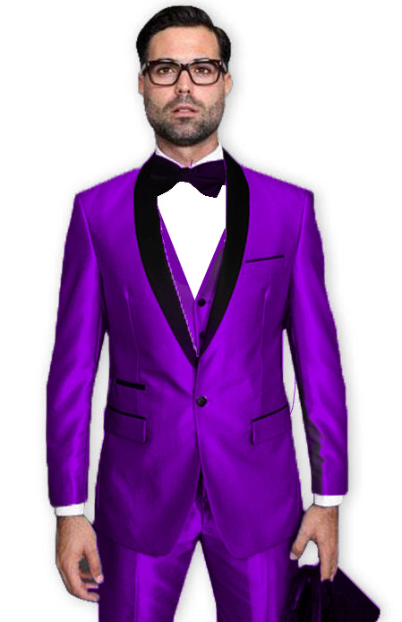 Dark Purple Tuxedo Shawl Collar Jacket & Pants Prom or Wedding or Shiny Metallic Fabric Groom Tuxedo